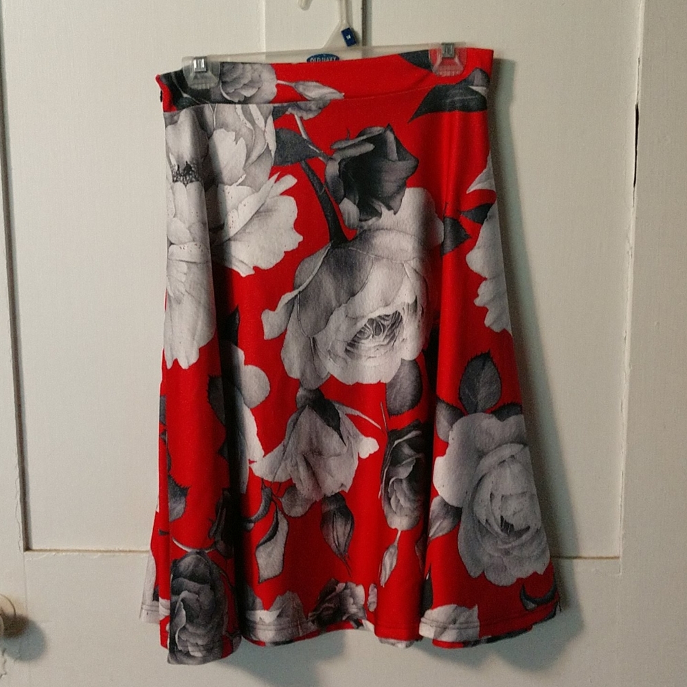 Red Rose Print A-Line Skirt
